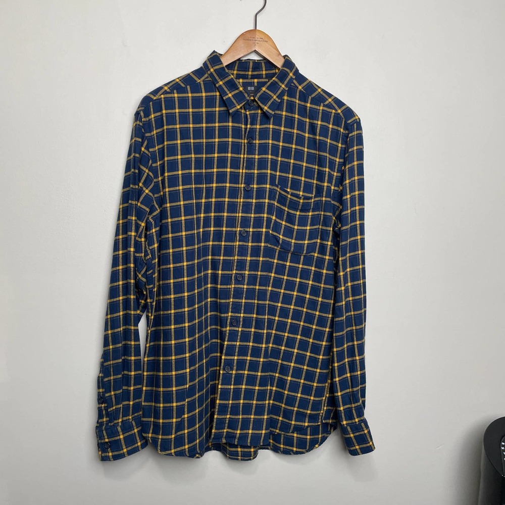 Uniqlo Plaid Long Sleeve Button Down Shirt 100% Cotton Blue Yellow L
